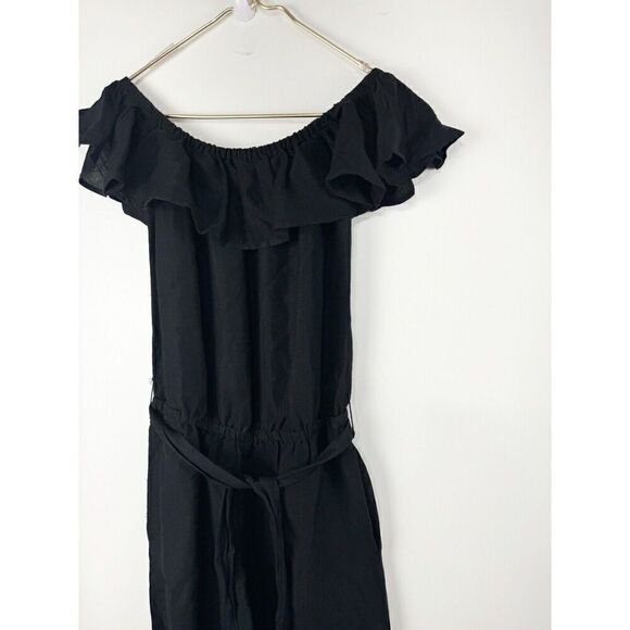 TOMMY BAHAMA Cropped Jumpsuit XS Black Linen Off-The-Shoulder - Picture 3 of 5